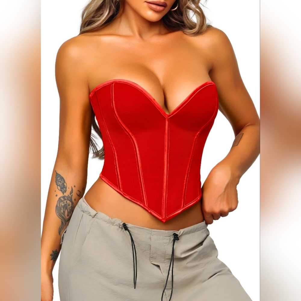 Red Strapless Bustier Corset Top - Women SIZE L